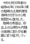 テキスト ボックス: 　今から約50年前の昭和41年（1966年）頃の柏崎の土地利用を当時の５万分の１地形図から復元した．　柏崎の市街は，砂丘上の沿岸から内陸の低地にまたがる範囲にまで拡大している．