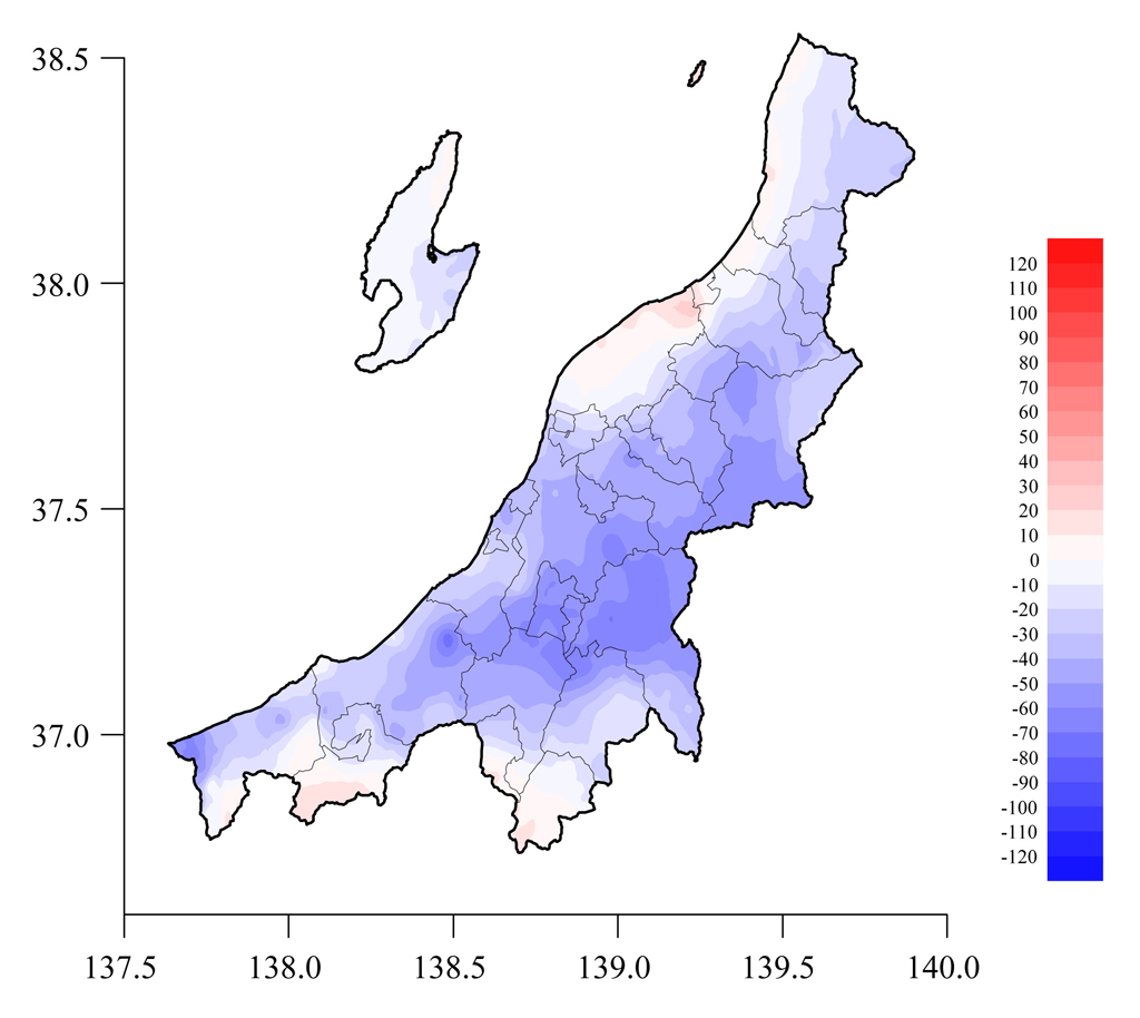 図2 2月17日と2月10日の積雪深の差の分布図(赤色系:積雪深増加,青色系:積雪深減少)