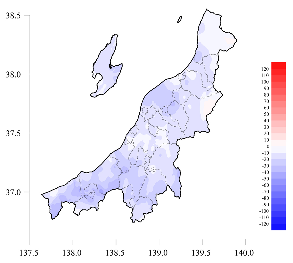 図2 2月24日と2月17日の積雪深の差の分布図(赤色系:積雪深増加,青色系:積雪深減少)