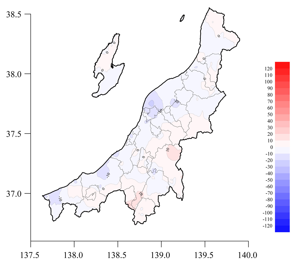 図2 3月2日と2月24日の積雪深の差の分布図(赤色系:積雪深増加,青色系:積雪深減少)