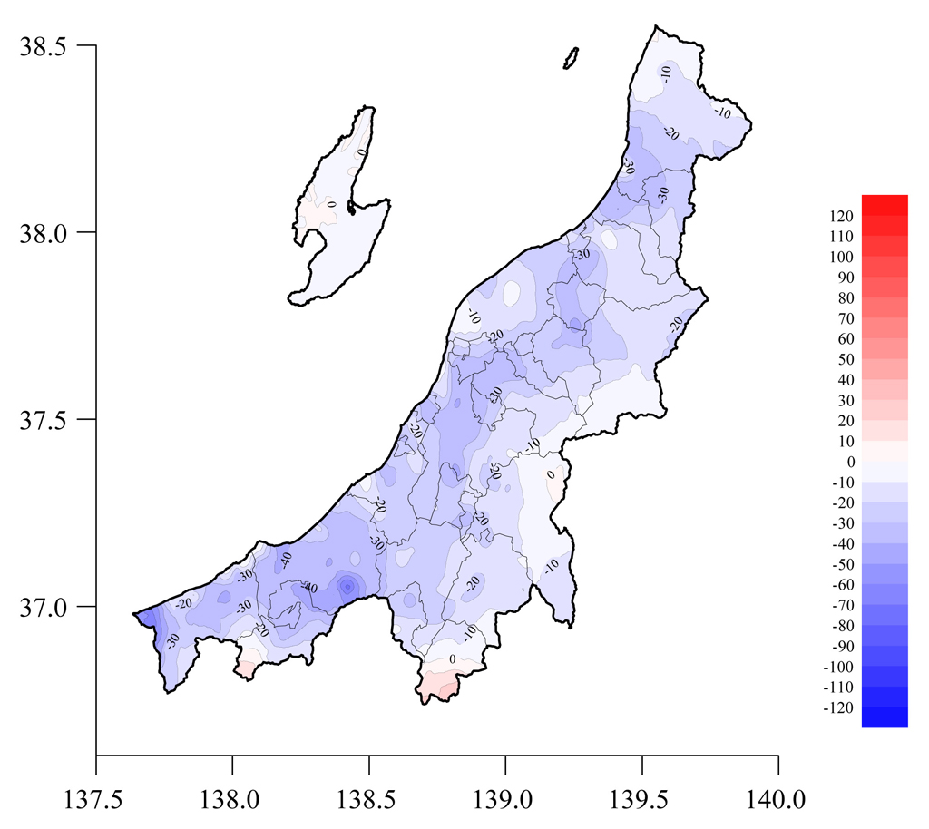 図2 3月12日と3月2日の積雪深の差の分布図(赤色系:積雪深増加,青色系:積雪深減少)