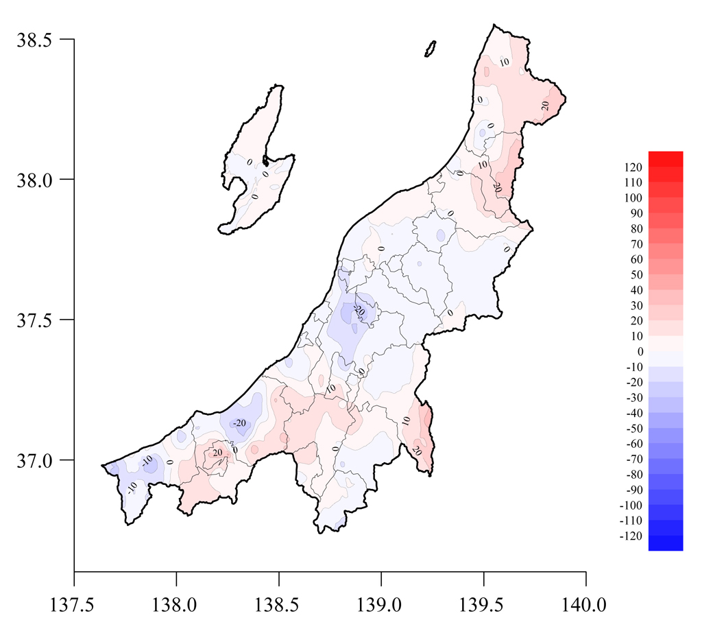 図2 3月21日と3月12日の積雪深の差の分布図(赤色系:積雪深増加,青色系:積雪深減少)