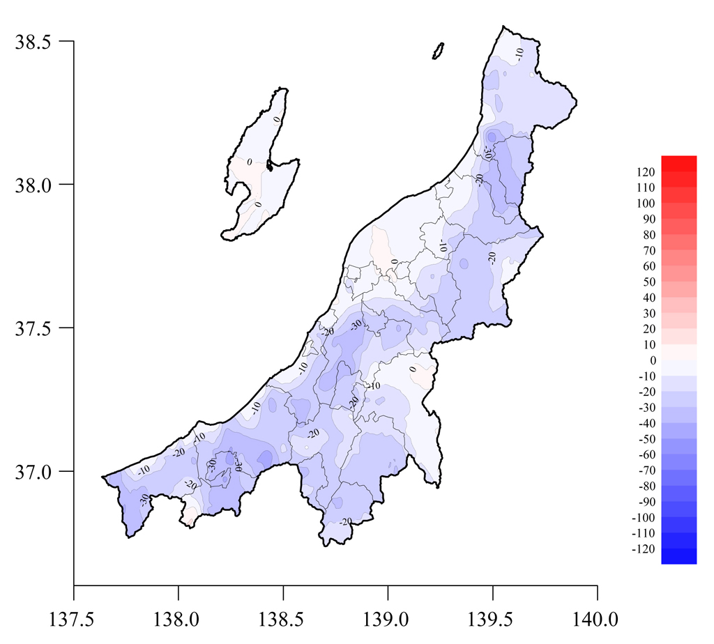 図2 3月28日と3月21日の積雪深の差の分布図(赤色系:積雪深増加,青色系:積雪深減少)