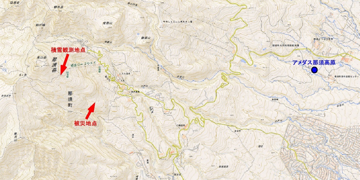 図1 積雪観測地点,被災地点,アメダス那須高原の位置(国土地理院「地理院地図」画像を使用).