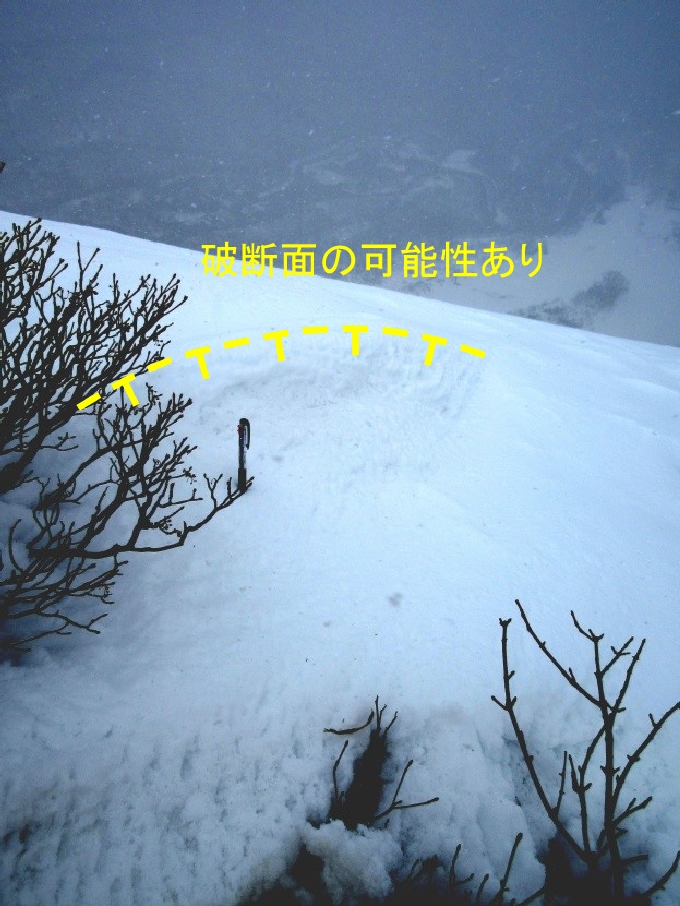 図10 天狗岩付近の急斜面上部に見られた破断面の可能性のある積雪表面の段差..