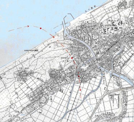 竜巻の通過経路　（1/25000地形図内野に加筆）