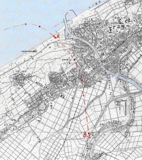 竜巻の推定経路　（1/25000地形図内野に加筆）