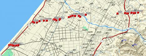 竜巻被害の分布図（村松浜と中村浜を起点とする２つの竜巻による被害）（全体図）