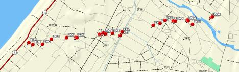 竜巻被害の分布図（中村浜地区の拡大）